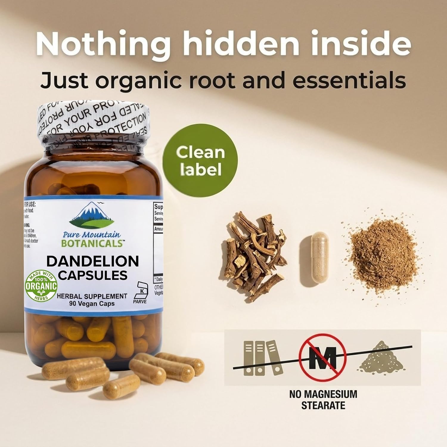 Pure Mountain Botanicals Cápsulas de Raíz de Diente de León - 450mg Orgánico - 90 Cápsulas Veganas Kosher Sin OGM