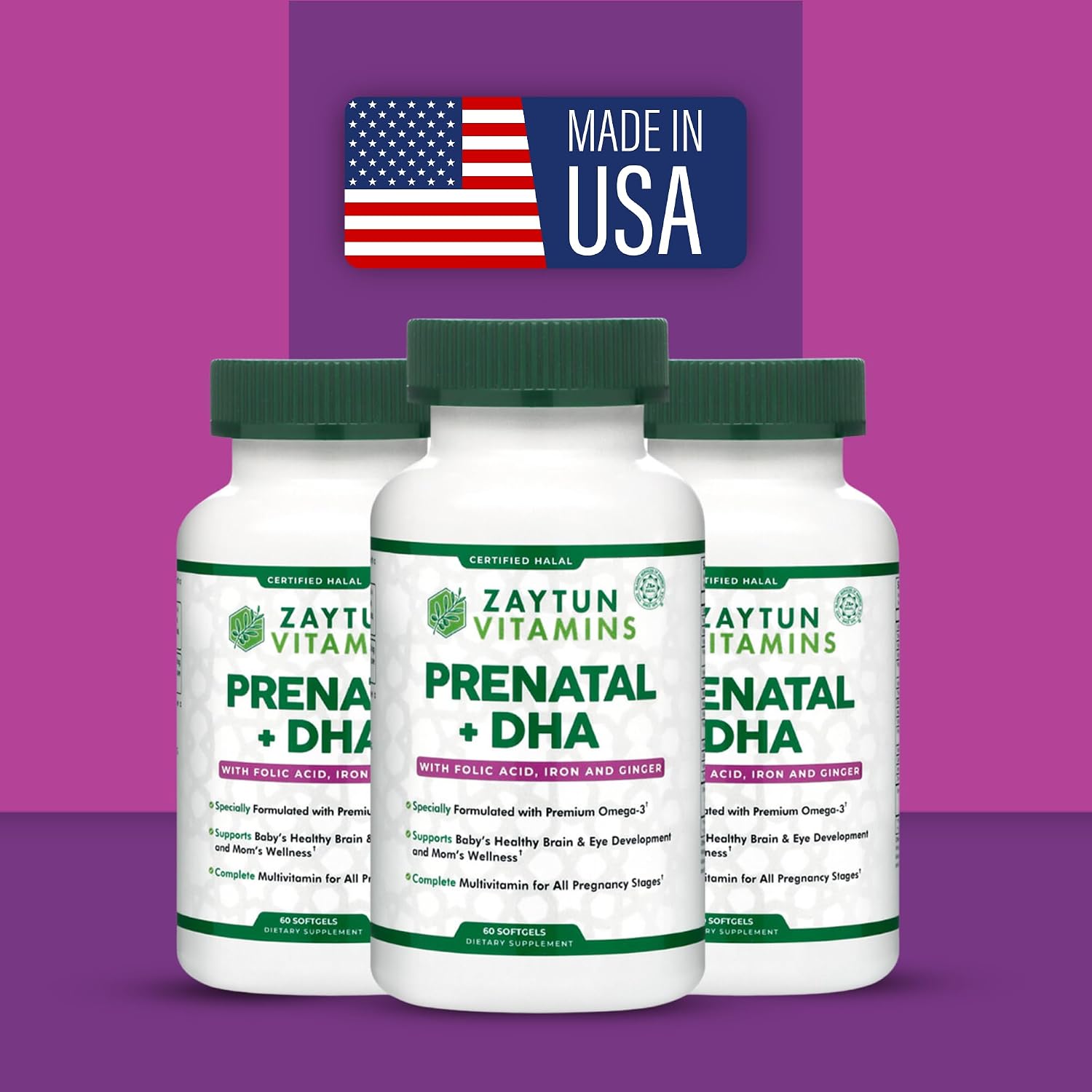 Zaytun Vitamins Vitaminas Prenatales Halal + DHA, Ácido Fólico, Hierro, Jengibre, 60 Cápsulas Blandas