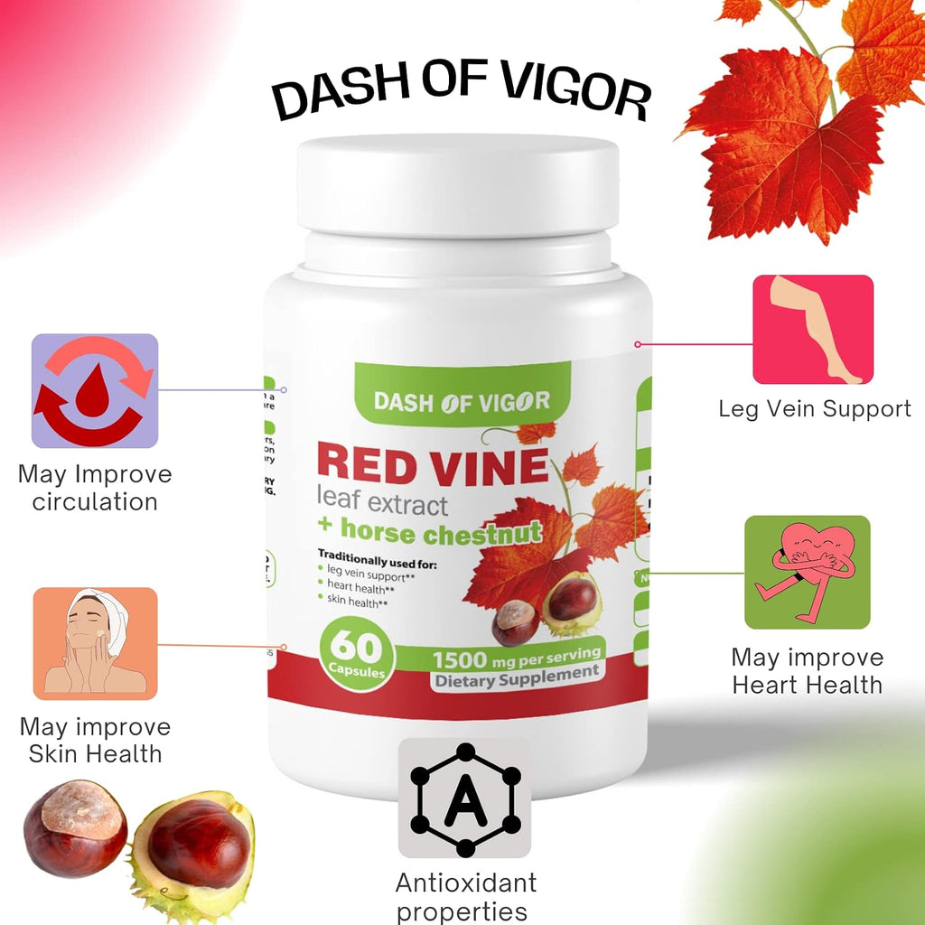 Dash of Vigor Extracto de Hoja de Vid Roja (Vitis Vinifera) y Castaño de Indias, 1500 mg, 60 Cápsulas