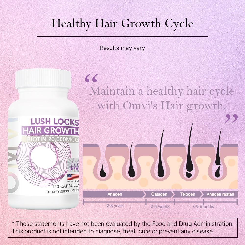 Omvi Formulas, Suplemento para el Crecimiento del Cabello con Biotina 20.000 mcg, Colágeno, Queratina, Vitaminas A, C, D3 y B12, Cabello, Piel y Uñas Fuertes, No OGM, Sin Gluten, 120 Cápsulas