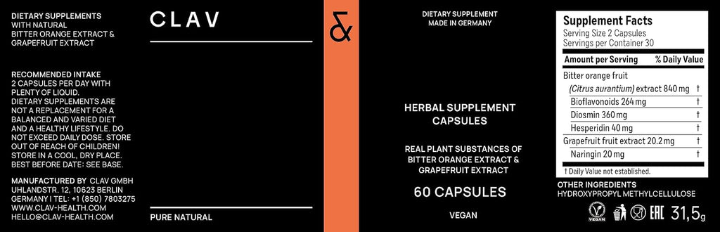 CLAV Bioflavonoides Cítricos - Suplemento Vegano de Flavonoides de Naranja Amarga y Pomelo - 60 Cápsulas - Hecho en Alemania