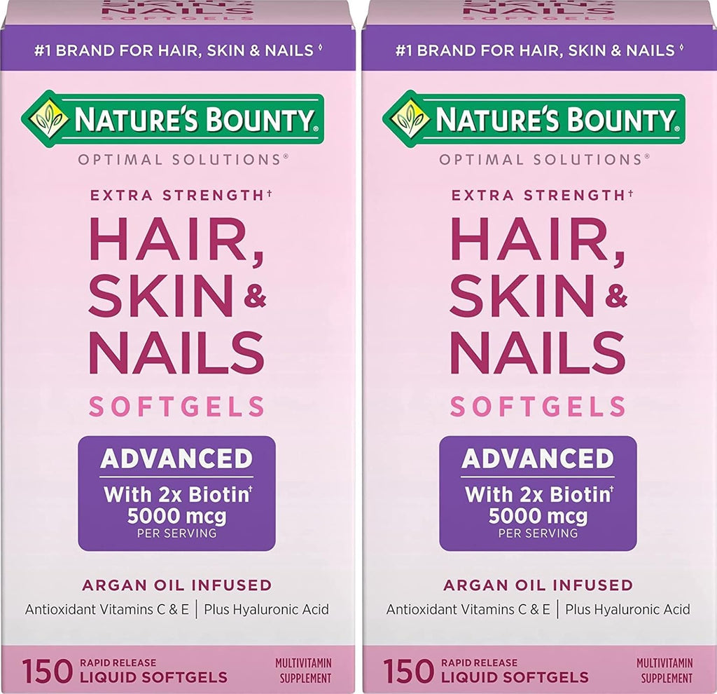 Nature's Bounty Hair, Skin & Nails Cápsulas Blandas con Biotina y Ácido Hialurónico, 150 Cápsulas (Pack de 2)