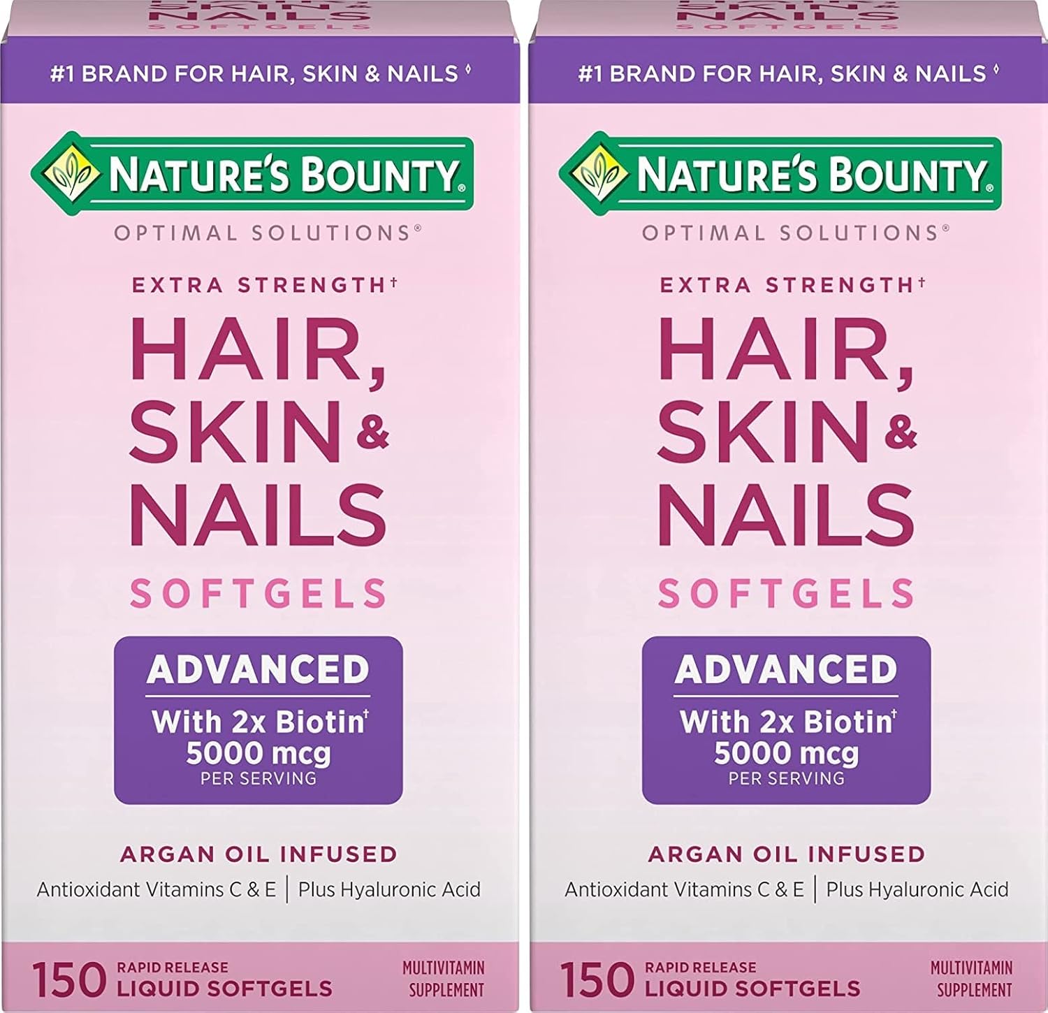 Nature's Bounty Hair, Skin & Nails Cápsulas Blandas con Biotina y Ácido Hialurónico, 150 Cápsulas (Pack de 2)