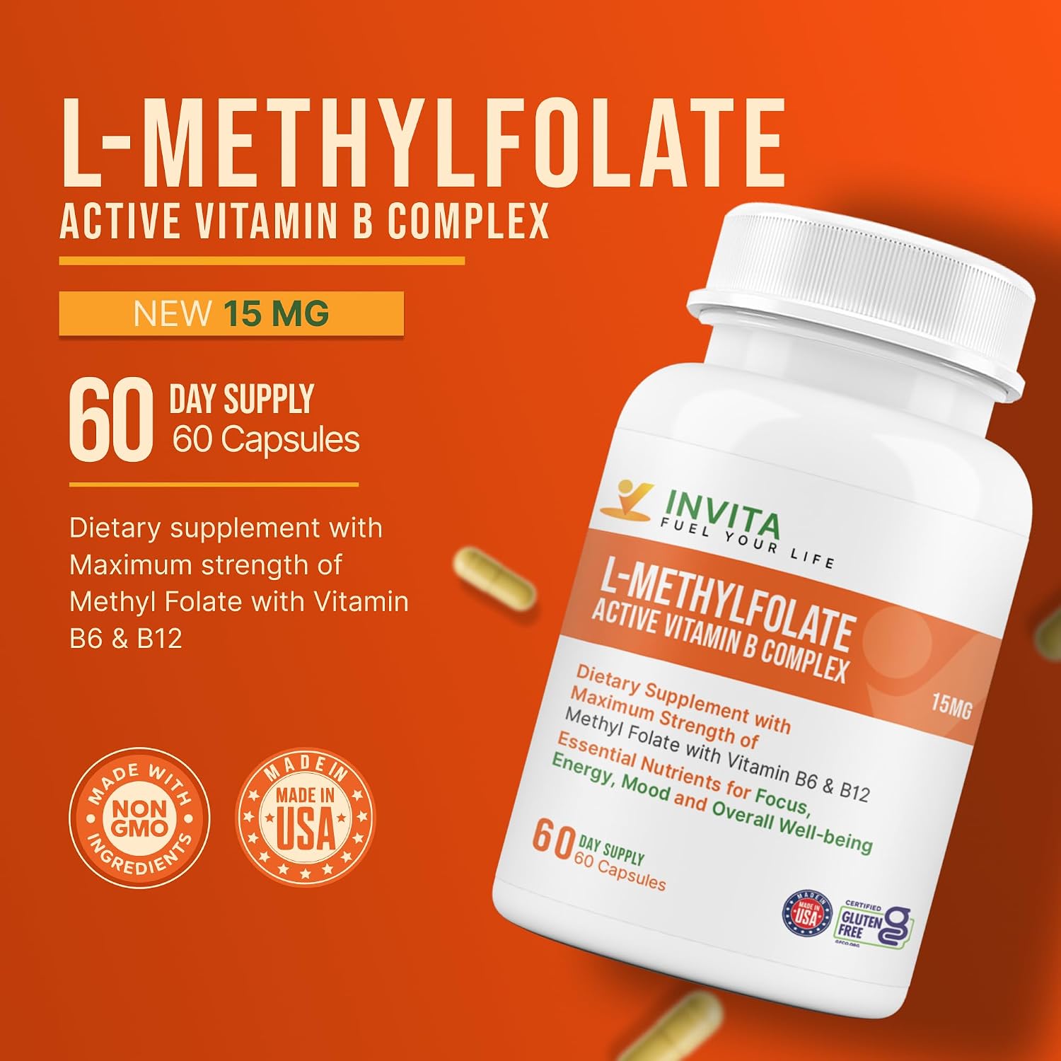 INVITA L-Metilfolato 15mg + Complejo B Activo – 60 Cápsulas – Suplemento con B6 y B12 Metilcobalamina