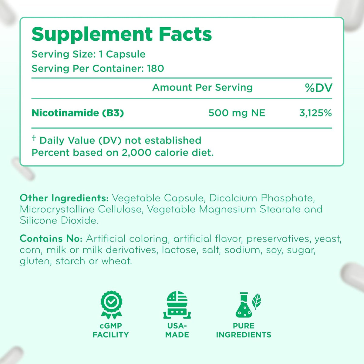 Vitamina B3 Nicotinamida 500 mg - Forma de – Piel y mucosas: contribuye al mantenimiento de la piel y las mucosas – Image 8