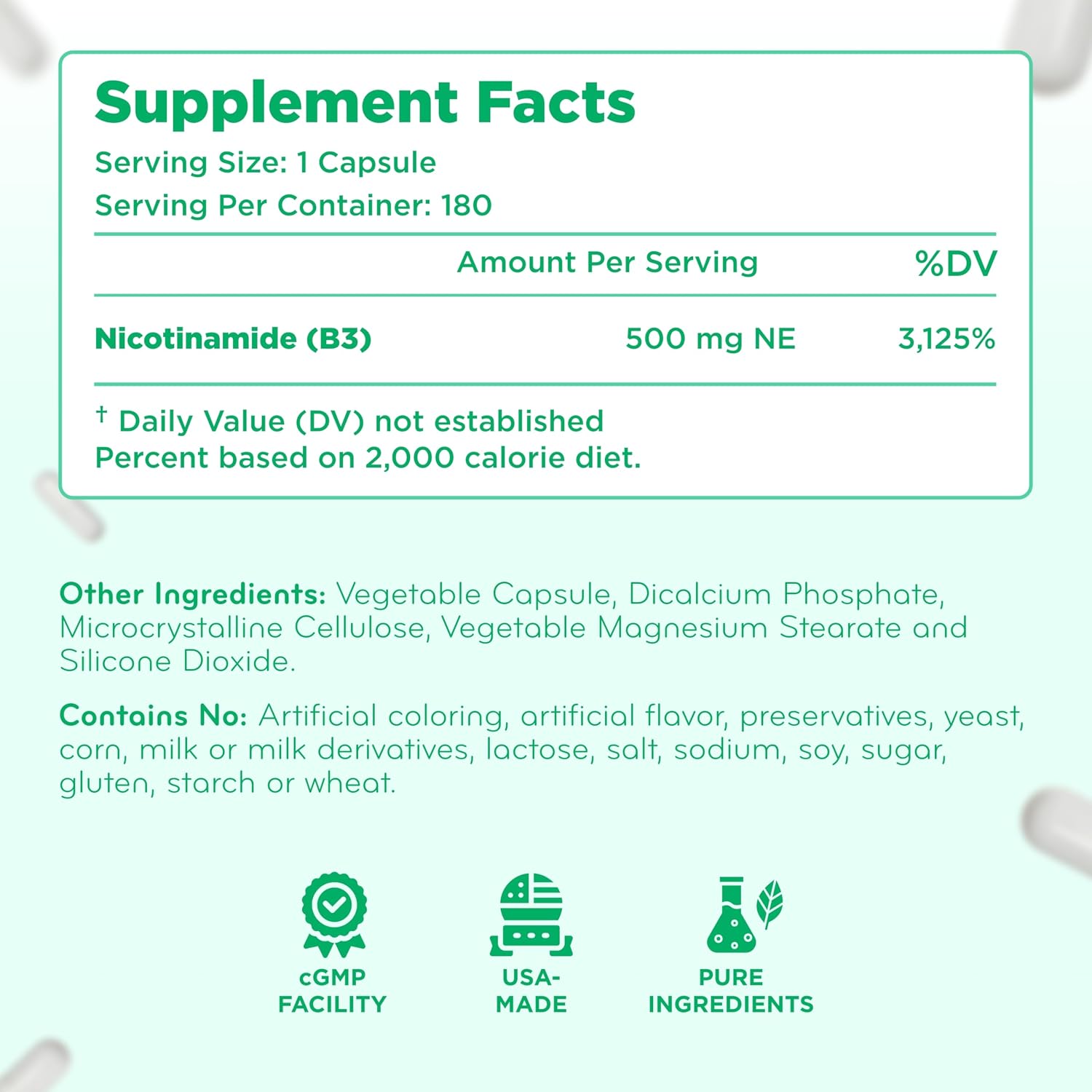 Vitamina B3 Nicotinamida 500 mg - Forma de alta absorción sin enrojecimiento - Precursor de NAD+ - 180 cápsulas