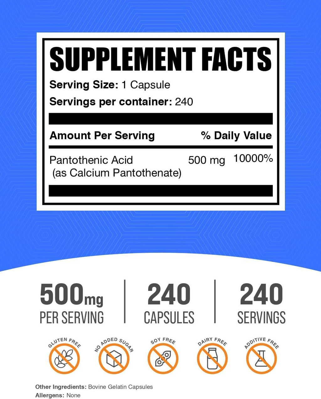 Vitamina B5 (Ácido Pantoténico) 500 mg - 240 Cápsulas