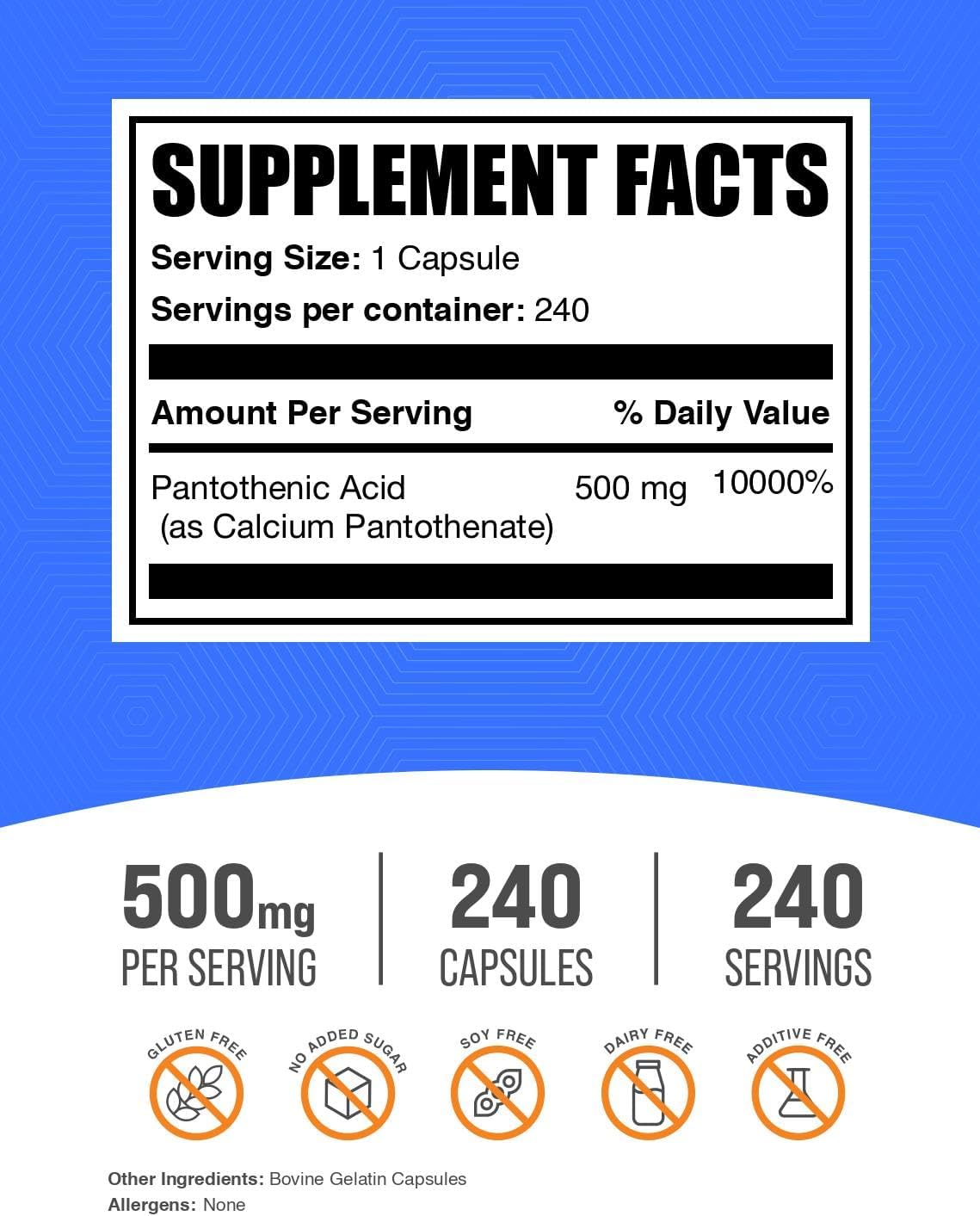 Vitamina B5 (Ácido Pantoténico) 500 mg - 240 Cápsulas