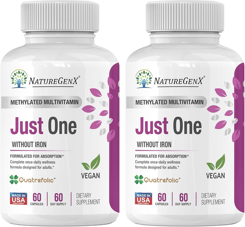 NatureGenX Just One Daily Multivitamínico Metilado - Sin Hierro con Metil B12 y Quatrefolic Metilfolato - 120 Cápsulas Veganas (2 Envases, 4 Meses)