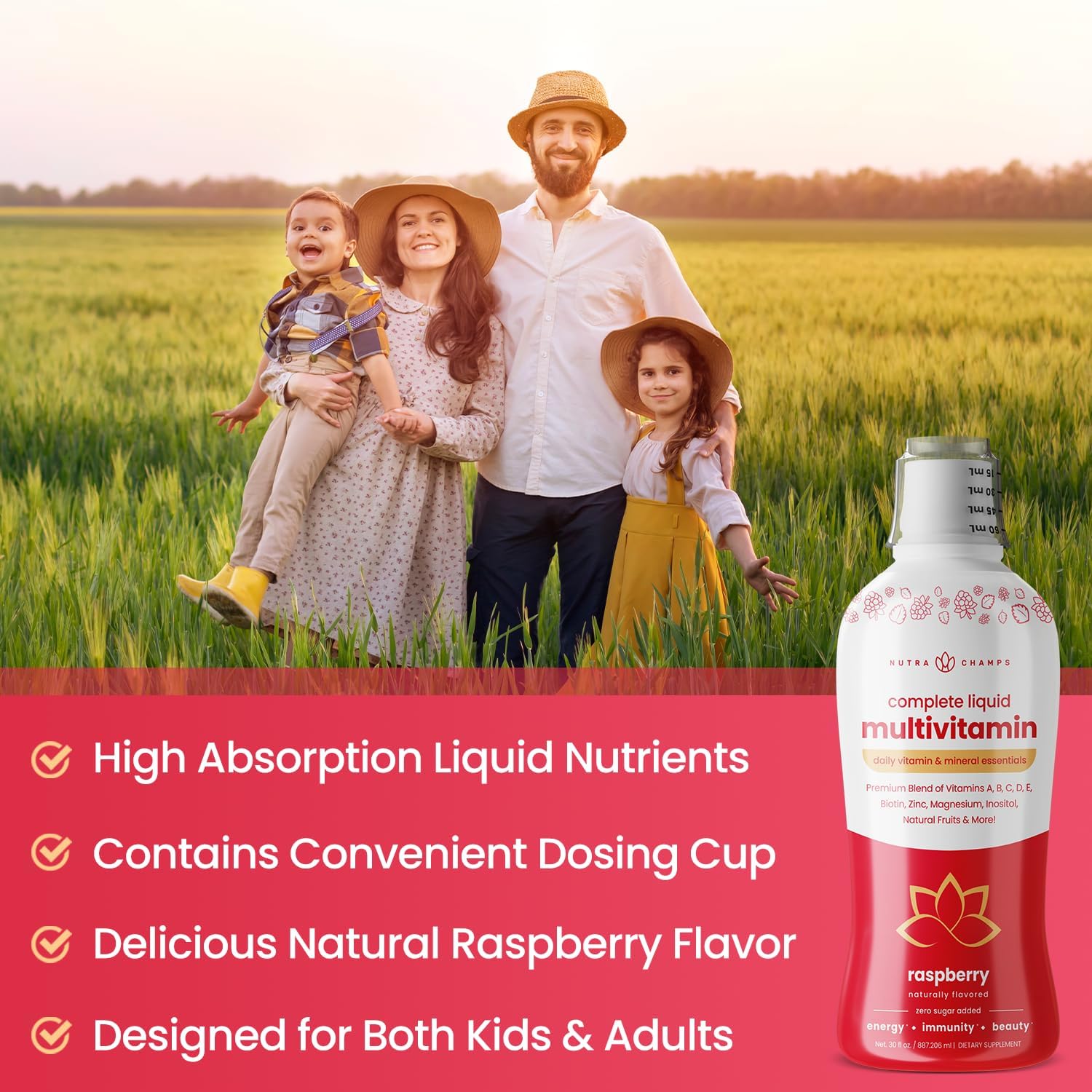 NutraChamps Complete Liquid Multivitamins | Sin Azúcar Añadido | Vitaminas para Mujeres, Hombres y Niños | Suplemento Multivitamínico Líquido Vegano | Energía, Inmunidad y Belleza