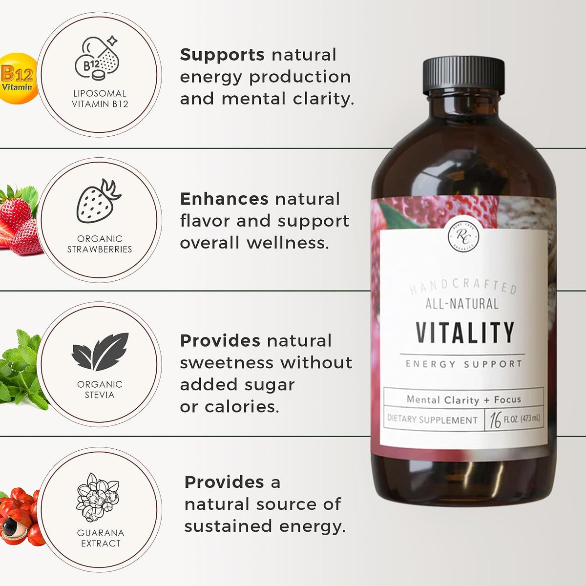 Rowe Casa Organics Vitality Energy Support – Suplemento Líquido de Energía con Guaraná y Rodiola – 473 ml – Image 3