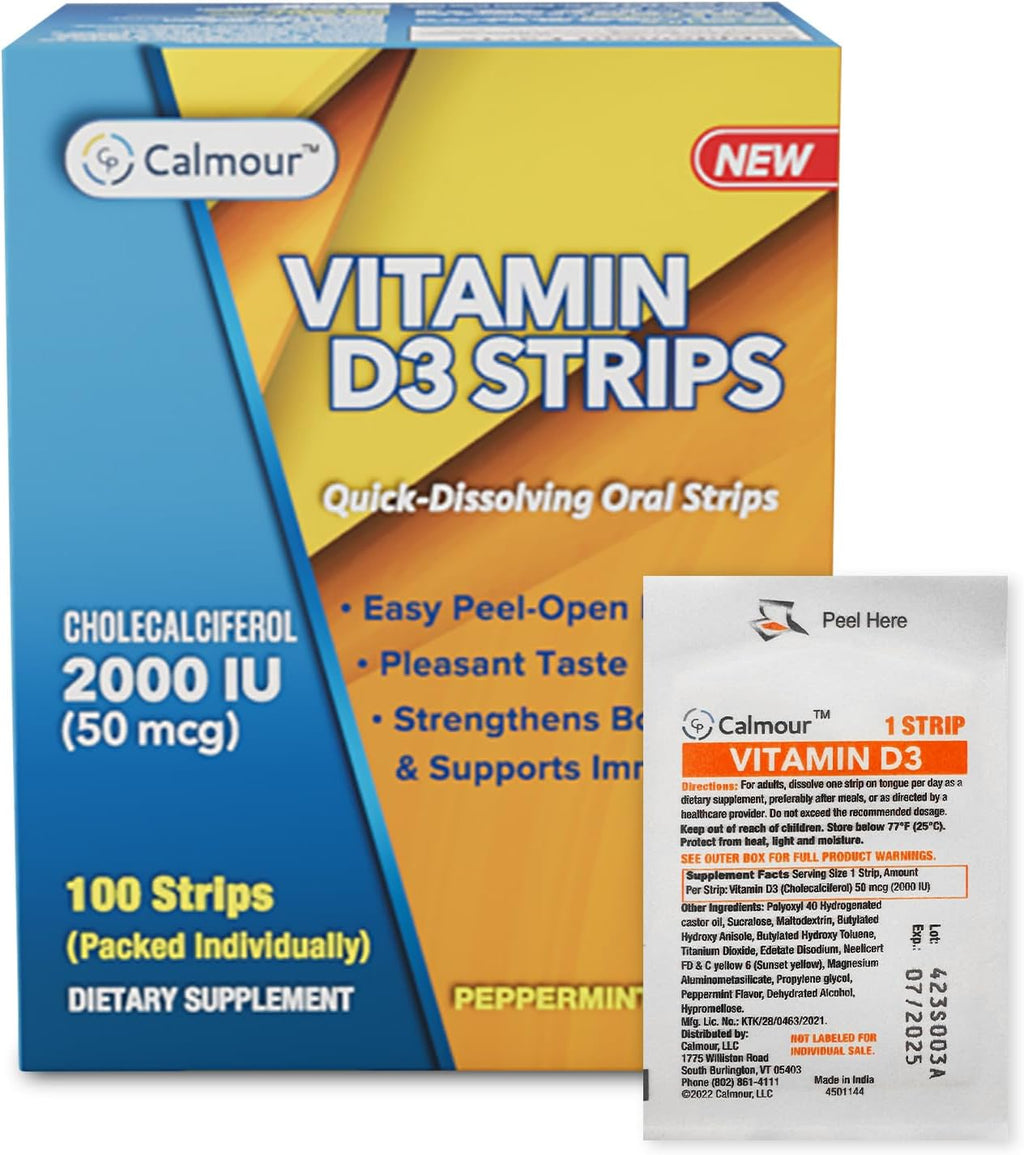 CALMOUR Vitamin D3 Strips 100 Unidades | 2000 UI Vitamina D3 Oral Disoluble | Sabor Menta