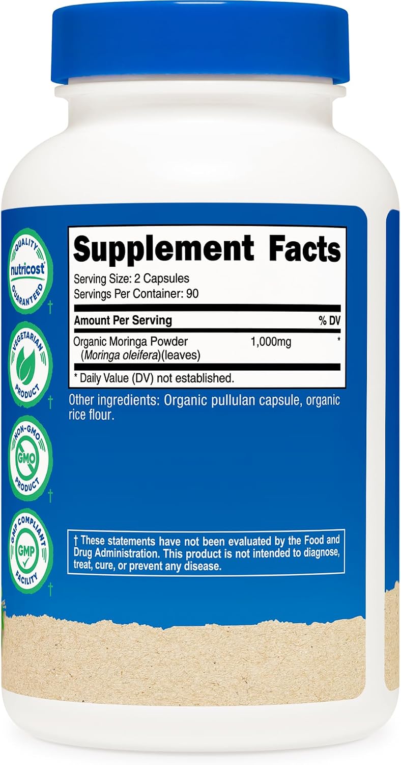 Nutricost Cápsulas de Moringa 500mg, 180 Cápsulas (90 Porciones) - Cápsulas Vegetales, No GMO, Sin Gluten