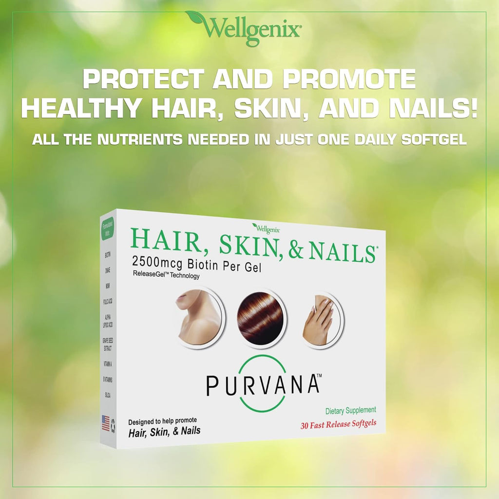 Wellgenix Purvana Hair, Skin & Nails Supplement - 2500mcg Biotin with MSM and B Complex - 30 Softgels