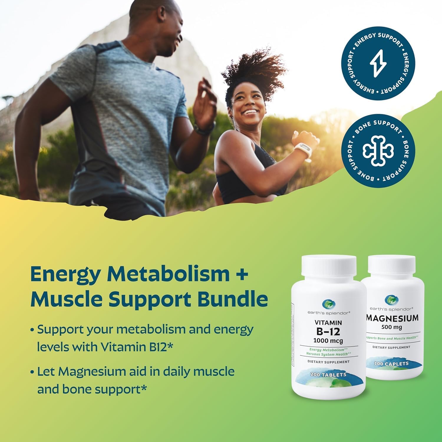 Earth's Splendor Energy + Muscle Support: Vitamina B12 (1000mcg) y Magnesio (500mg) - Sin Gluten, Sin Trigo, Sin Sabores Artificiales