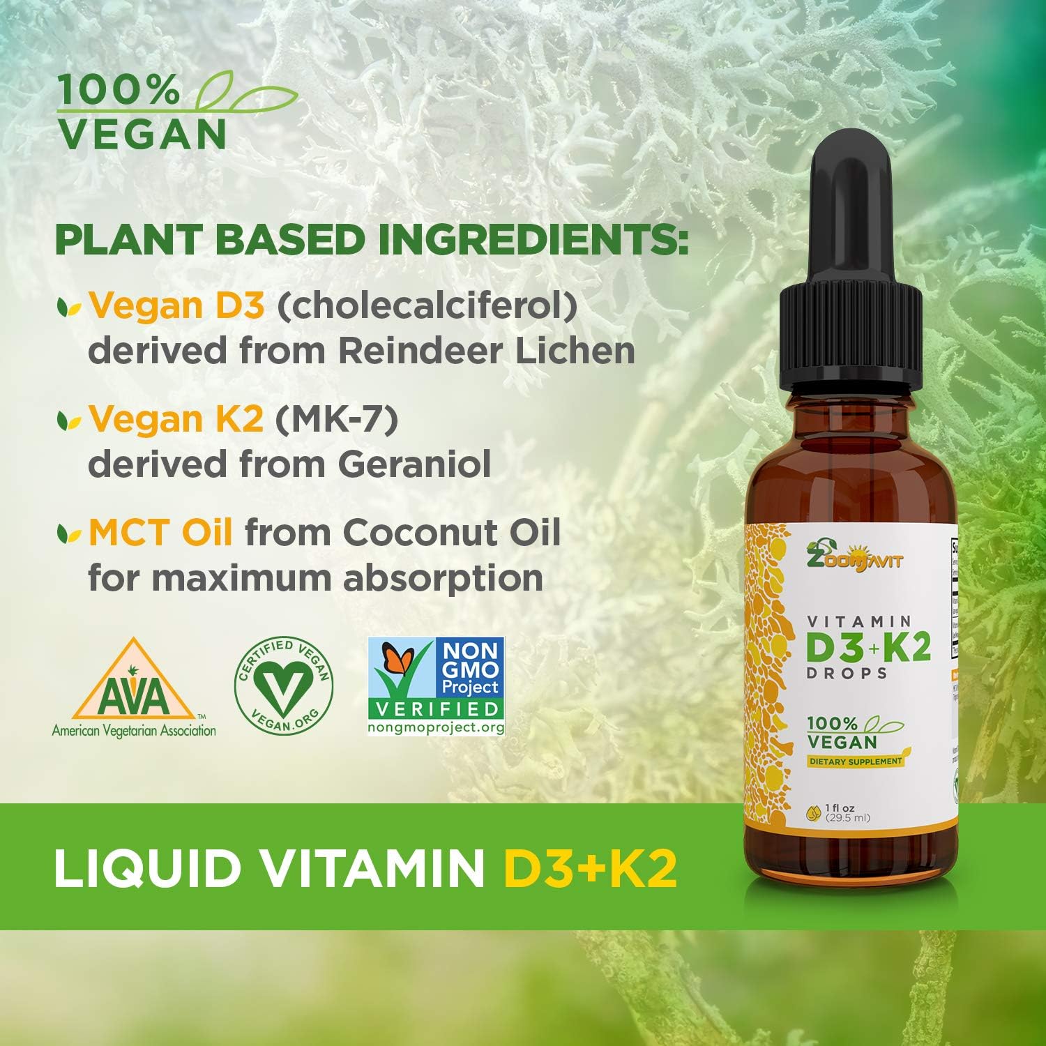 Zoomavit Vegan Liquid Drops Vitamina D3 K2 (MK7) - 100% Vegetal - 1000 UI D3 + 200 mcg K2 por dosis
