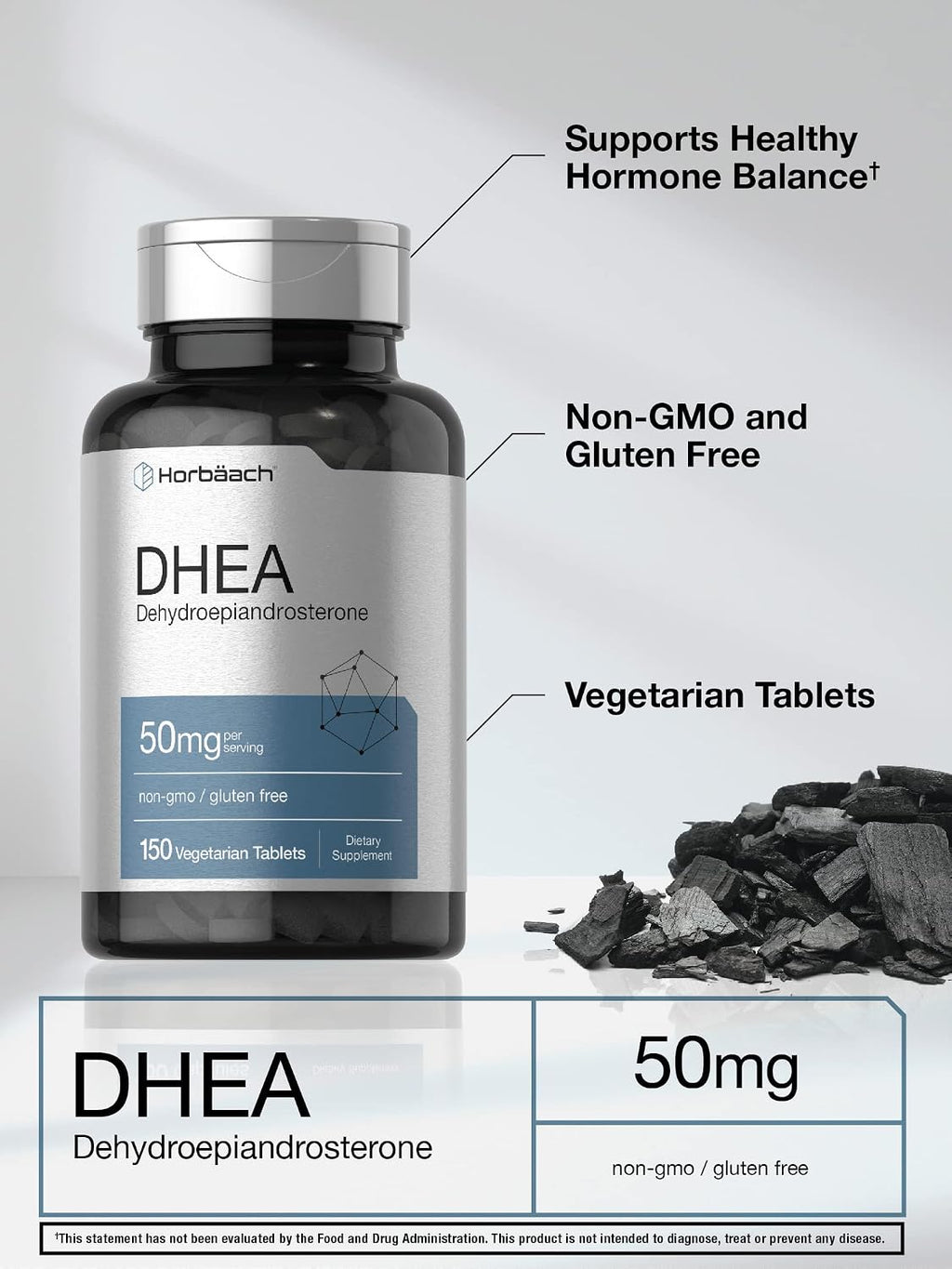Horbäach DHEA 50mg | 150 Comprimidos | Suplemento No-GMO, Sin Gluten