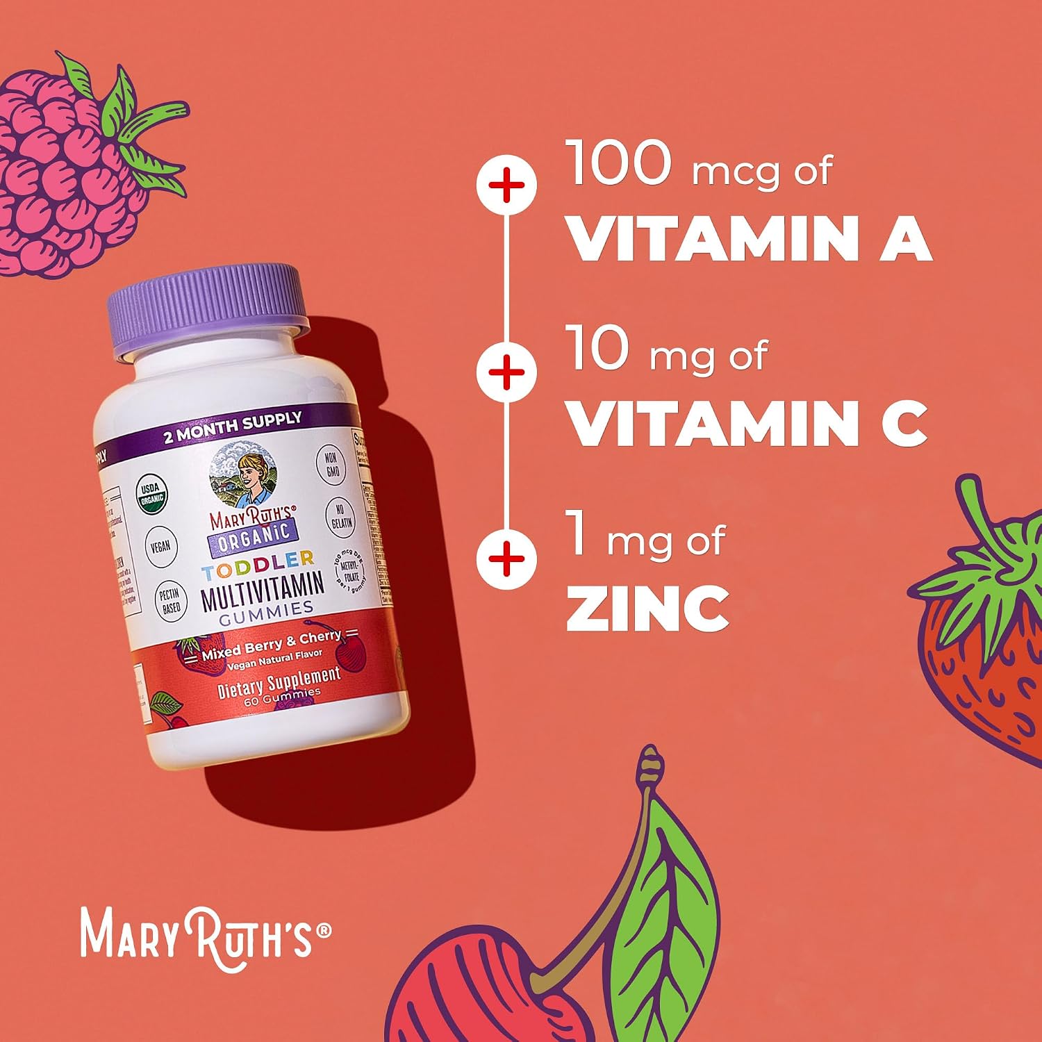 MaryRuth's Gomitas Multivitamínicas para Niños Pequeños | USDA Orgánico | 60 Días | Vitaminas A, C, D3, Zinc | 1 Gomita al Día | 60 Unidades