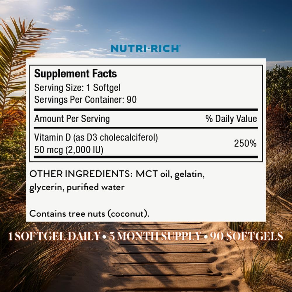 Nutri-Rich Vitamina D3 2000 UI (50 mcg) – Alta Potencia con Aceite MCT, No OGM, Sin Gluten, 90 Cápsulas Blandas