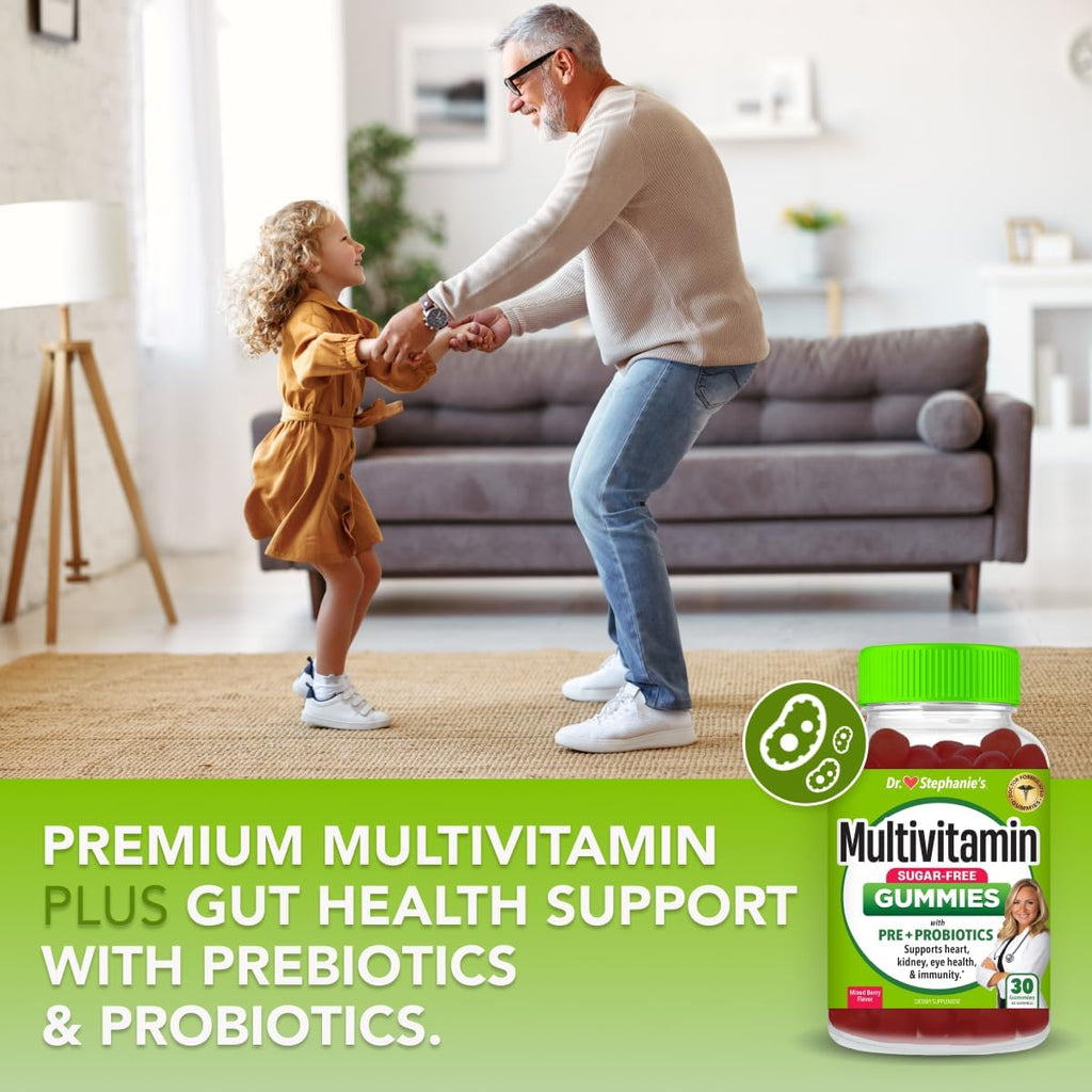 Gominolas Multivitamínicas Sin Azúcar con Prebióticos y Probióticos - Apoyo Diario para Ojos, Riñones, Hígado, Corazón y Digestión - Sabor a Bayas Mixtas - Dr. Stephanie's
