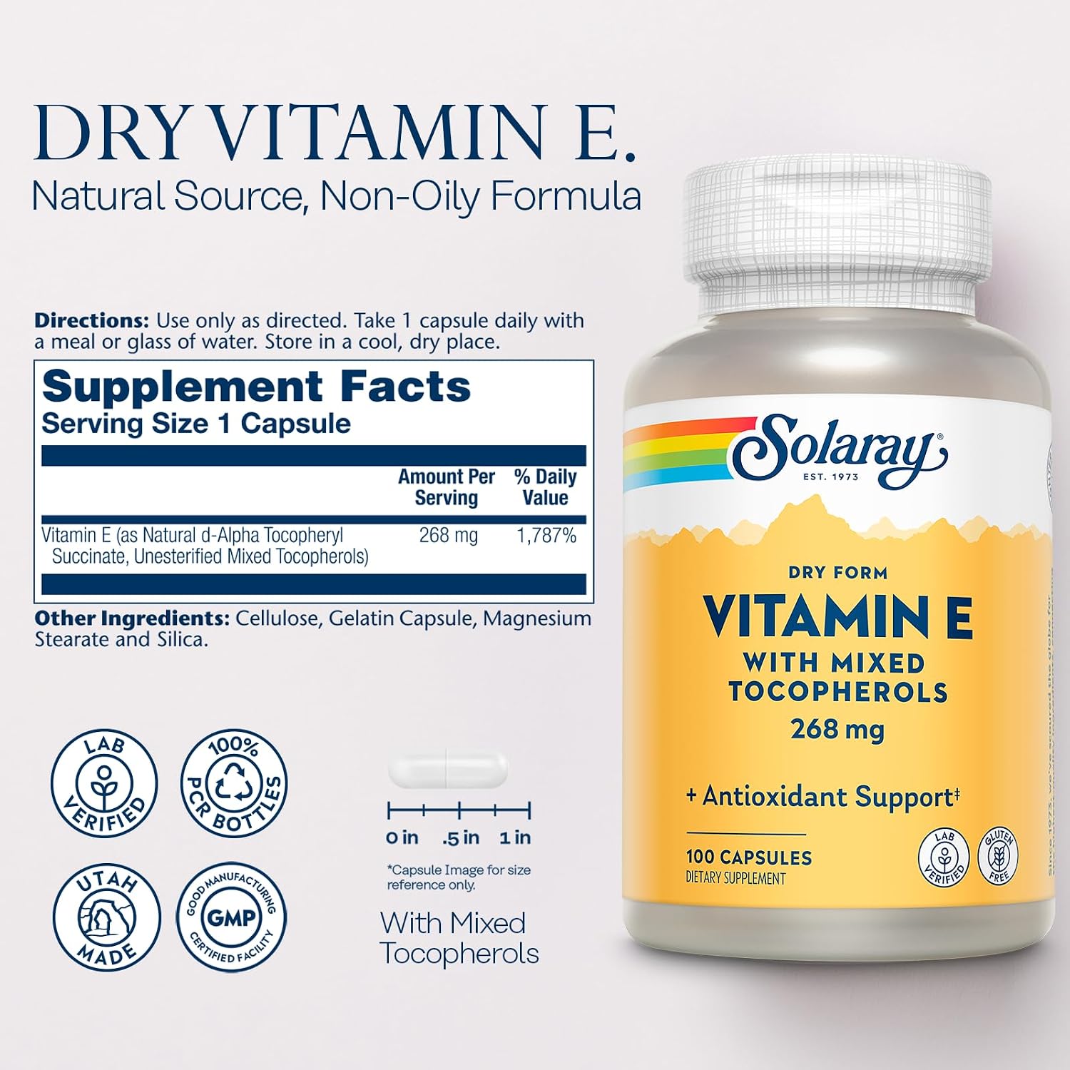 SOLARAY Vitamin E 400 IU (268 mg), Dry Form - Natural Source, Mixed Tocopherols - Antioxidant, Menopause & PMS Support - 100 Capsules