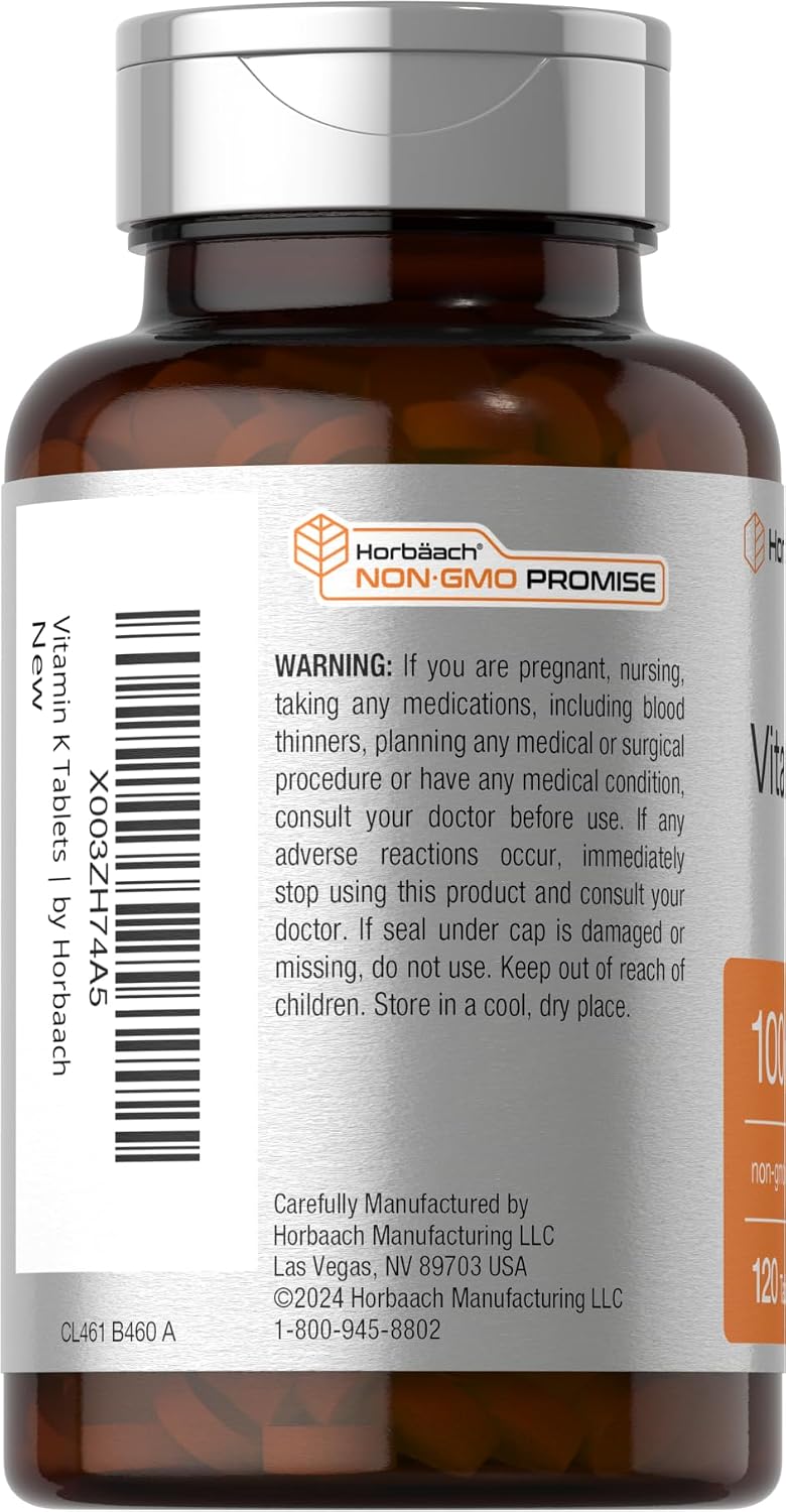 Horbäach Vitamina K Suplemento | 100mcg | 120 Comprimidos | Vegetariano, Sin Gluten y No GMO