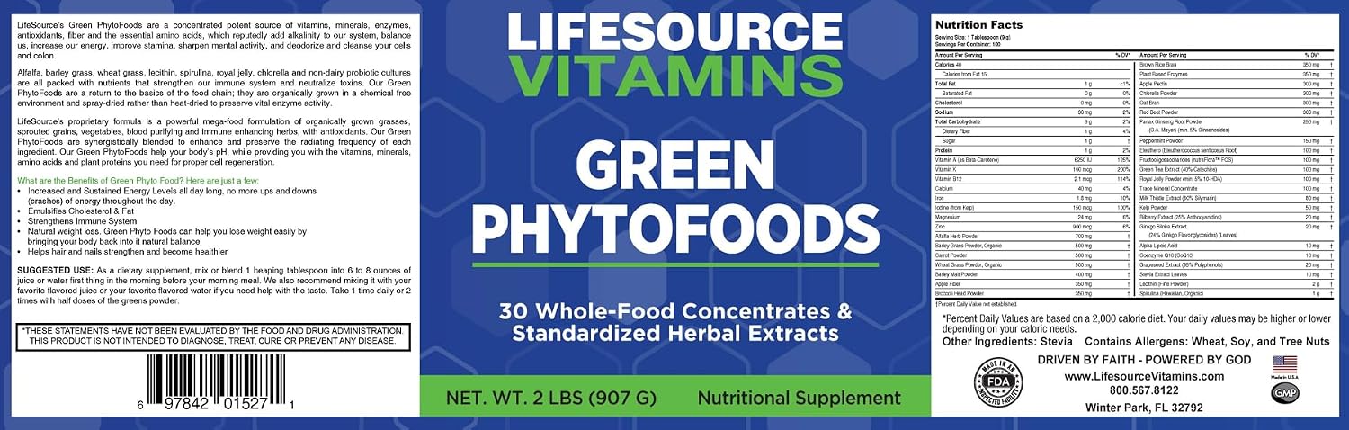 LifeSource Vitamins Alimentos Verdes Fitoquímicos 907 g - 27 Verduras Orgánicas - 72 Minerales