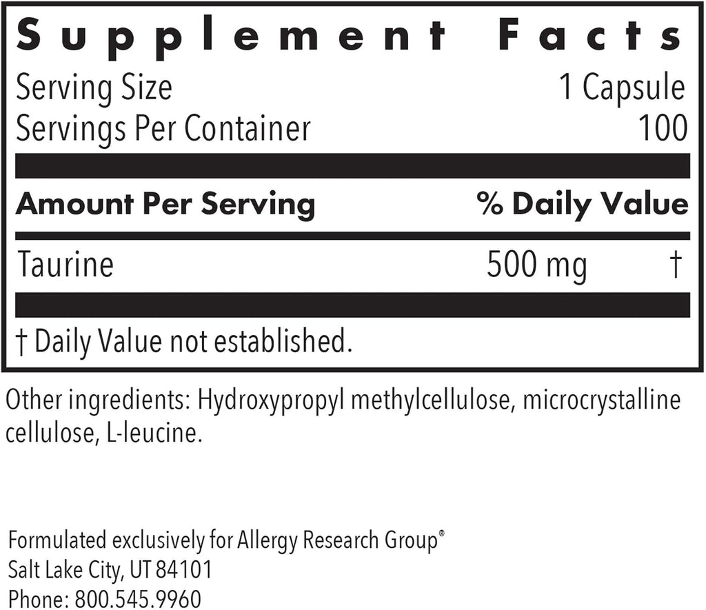 ARG Taurine 500 mg - Complemento de Aminoácido Libre - Apoyo Cardíaco y Electrolítico - 100 Cápsulas
