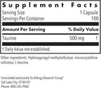ARG Taurine 500 mg - Complemento de Aminoácido Libre - Apoyo Cardíaco y Electrolítico - 100 Cápsulas