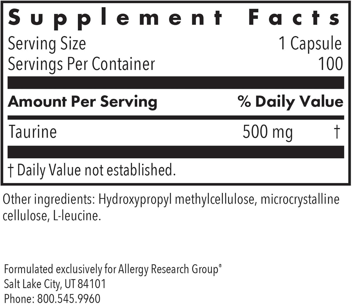 ARG Taurine 500 mg - Complemento de Aminoácido Libre - Apoyo Cardíaco y Electrolítico - 100 Cápsulas – Image 6