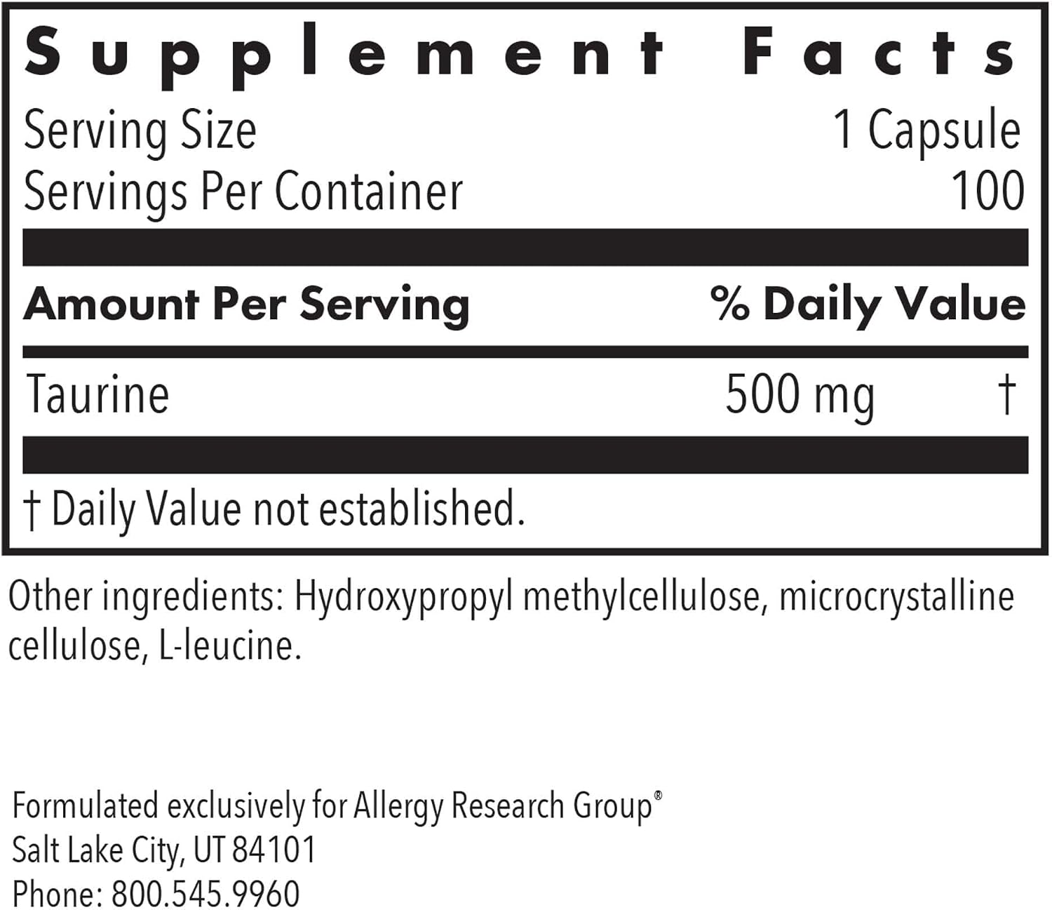 ARG Taurine 500 mg - Complemento de Aminoácido Libre - Apoyo Cardíaco y Electrolítico - 100 Cápsulas