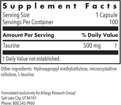 ARG Taurine 500 mg - Complemento de Aminoácido Libre - Apoyo Cardíaco y Electrolítico - 100 Cápsulas – Image 6