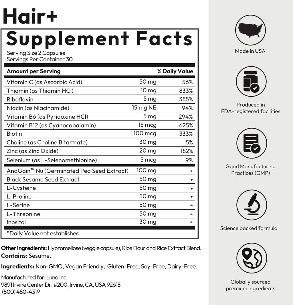 BIGVITA Suplemento para el Crecimiento del Cabello – AnaGain Nu, Biotina, Extracto de Sésamo Negro – 60 Cápsulas (1 Mes)