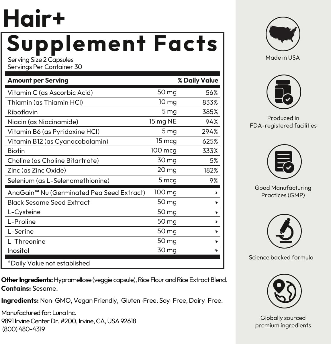 BIGVITA Suplemento para el Crecimiento del Cabello – AnaGain Nu, Biotina, Extracto de Sésamo Negro – 60 Cápsulas (1 Mes)