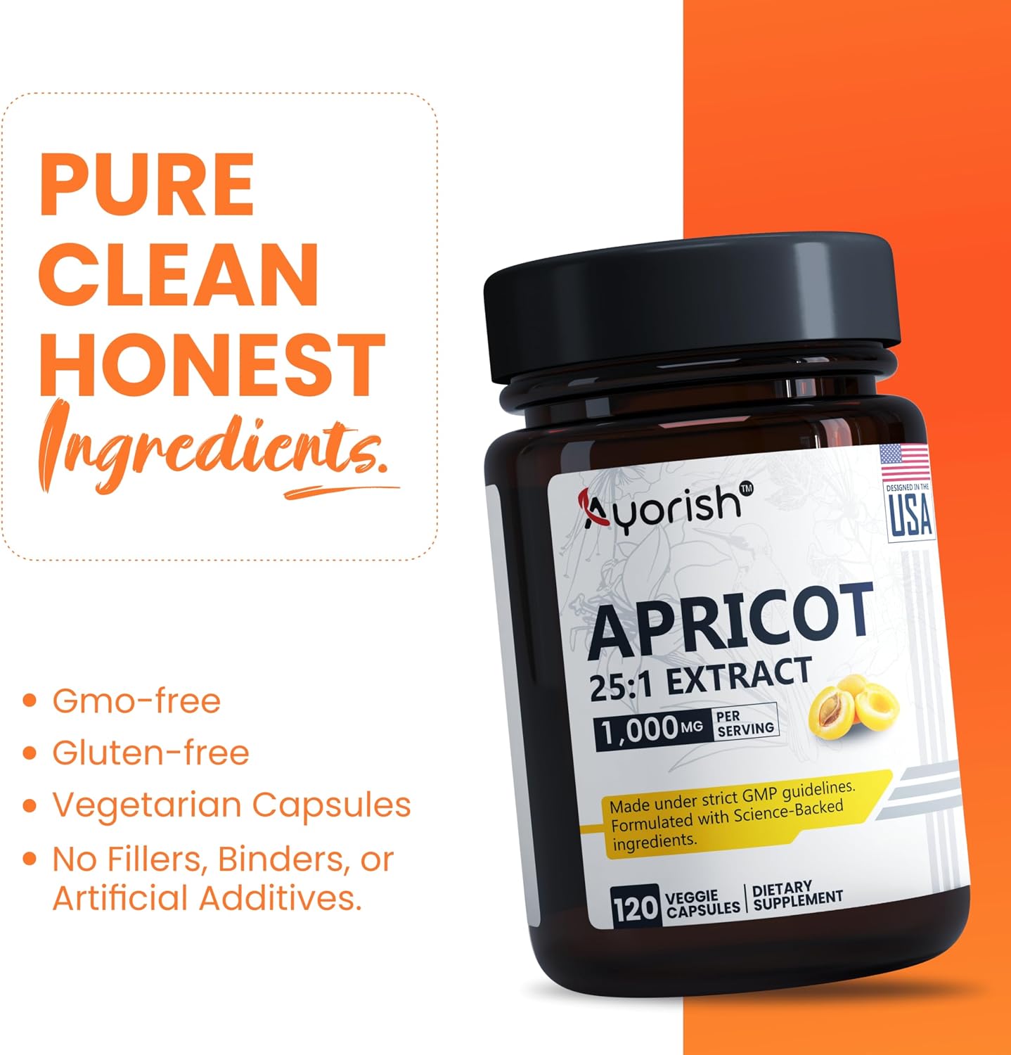 Ayorish Extracto de Albaricoque 25:1, 500 mg por Cápsula, 1000 mg por Ración - 120 Cápsulas