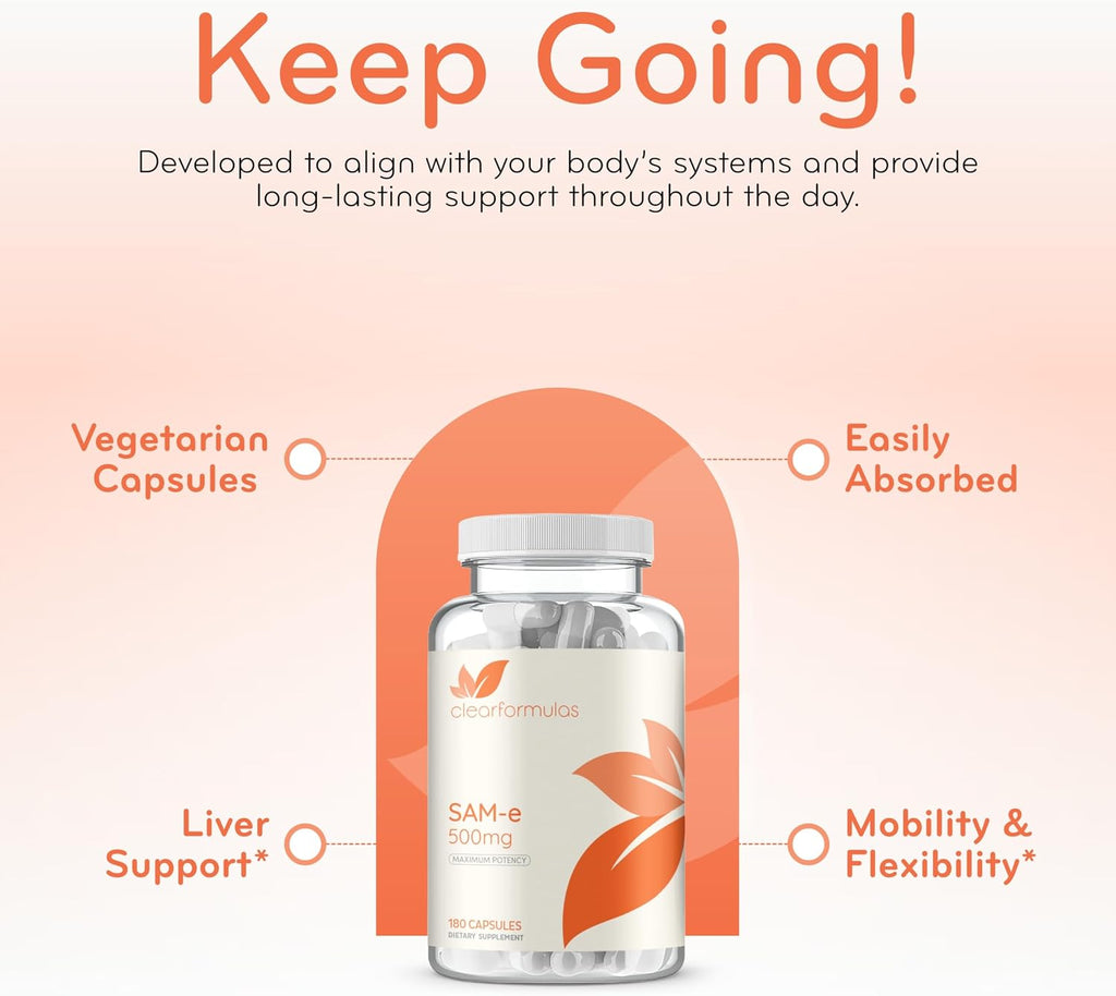 Clear Formulas Bioactive SAM-e 500mg - Suplemento de SAM-e con Forma Activa S,S - Apoyo Hepático y de Estado de Ánimo - Vegano, Sin OGM - 180 Cápsulas