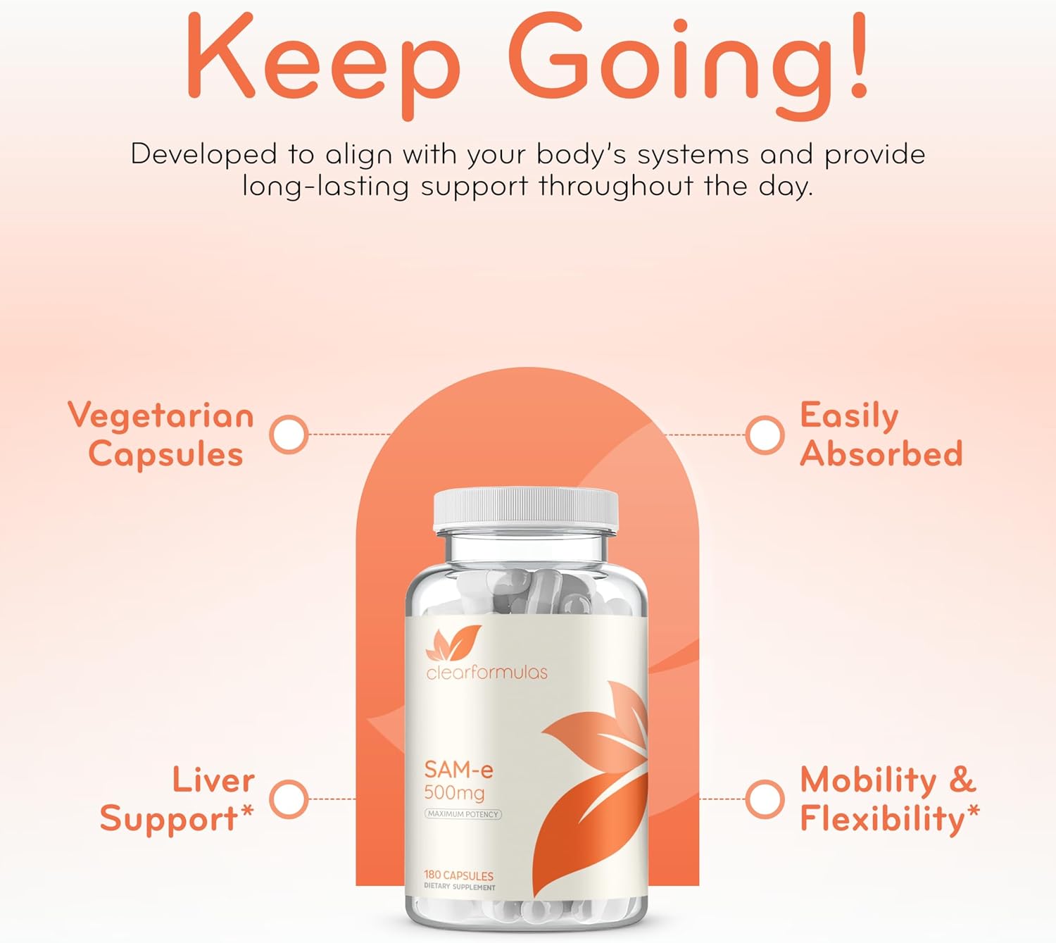 Clear Formulas Bioactive SAM-e 500mg - Suplemento de SAM-e con Forma Activa S,S - Apoyo Hepático y de Estado de Ánimo - Vegano, Sin OGM - 180 Cápsulas