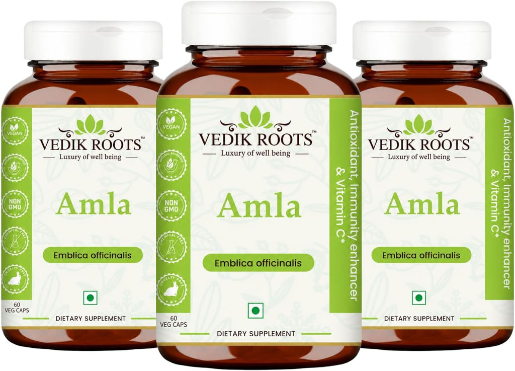 VEDIKROOTS Amla Cápsulas 100% Orgánicas - Potenciador de Inmunidad - Fuente Natural de Vitamina C - Suplemento Herbal (60 Cápsulas, Pack de 3)