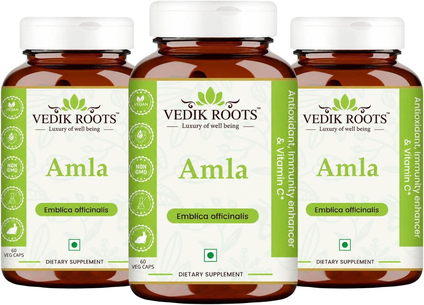 VEDIKROOTS Amla Cápsulas 100% Orgánicas - Potenciador de Inmunidad - Fuente Natural de Vitamina C - Suplemento Herbal (60 Cápsulas, Pack de 3)