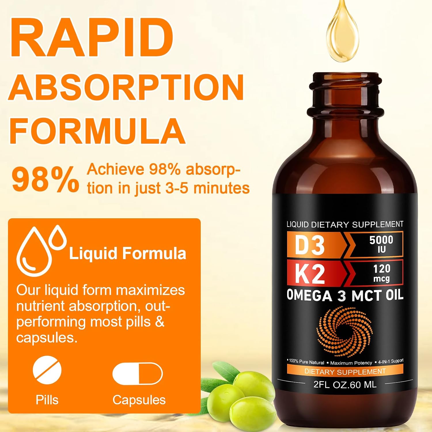 Daiasns Vitamina D3 5000 UI y K2 (MK-7) 120 mcg Gotas, 60 ml