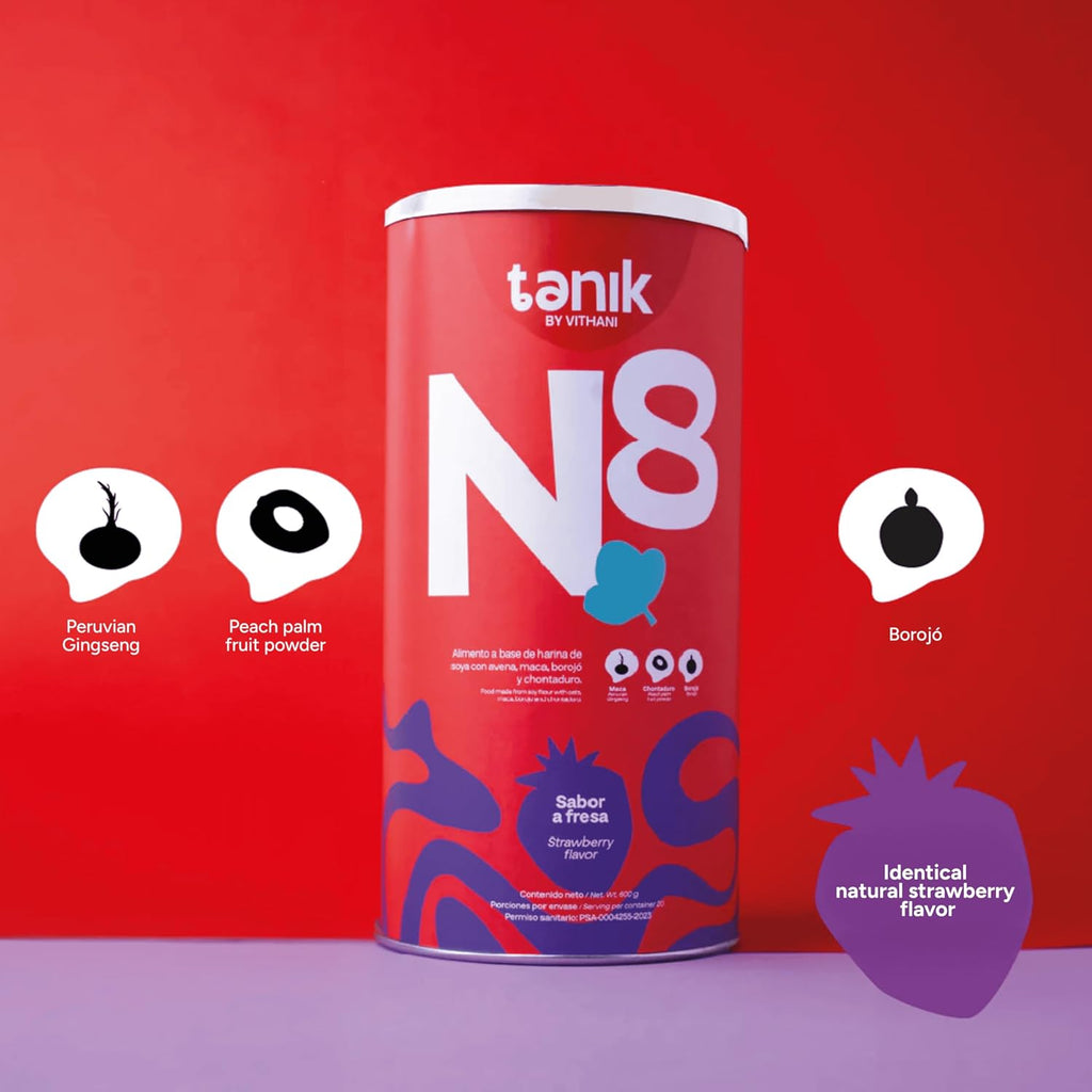 Vithani N8 Multivitamínico en Polvo con Maca, Borojó, Chontaduro, Zinc y Omega 3 - Sabor Fresa