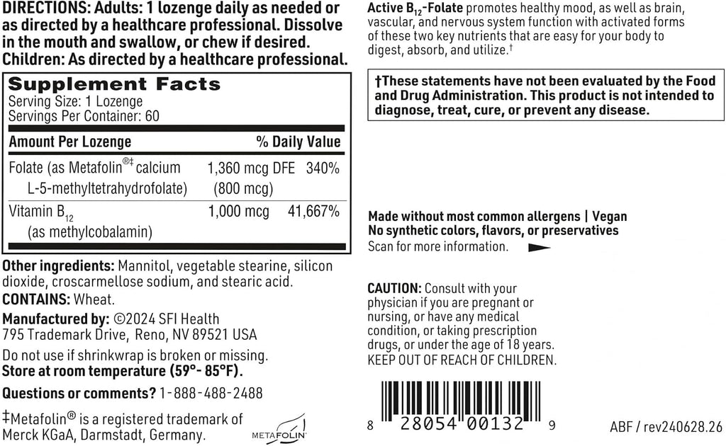 SFI Health Active B12 - Suplemento de folato con metilcobalamina y metilfolato - Comprimidos sublinguales, 60 unidades