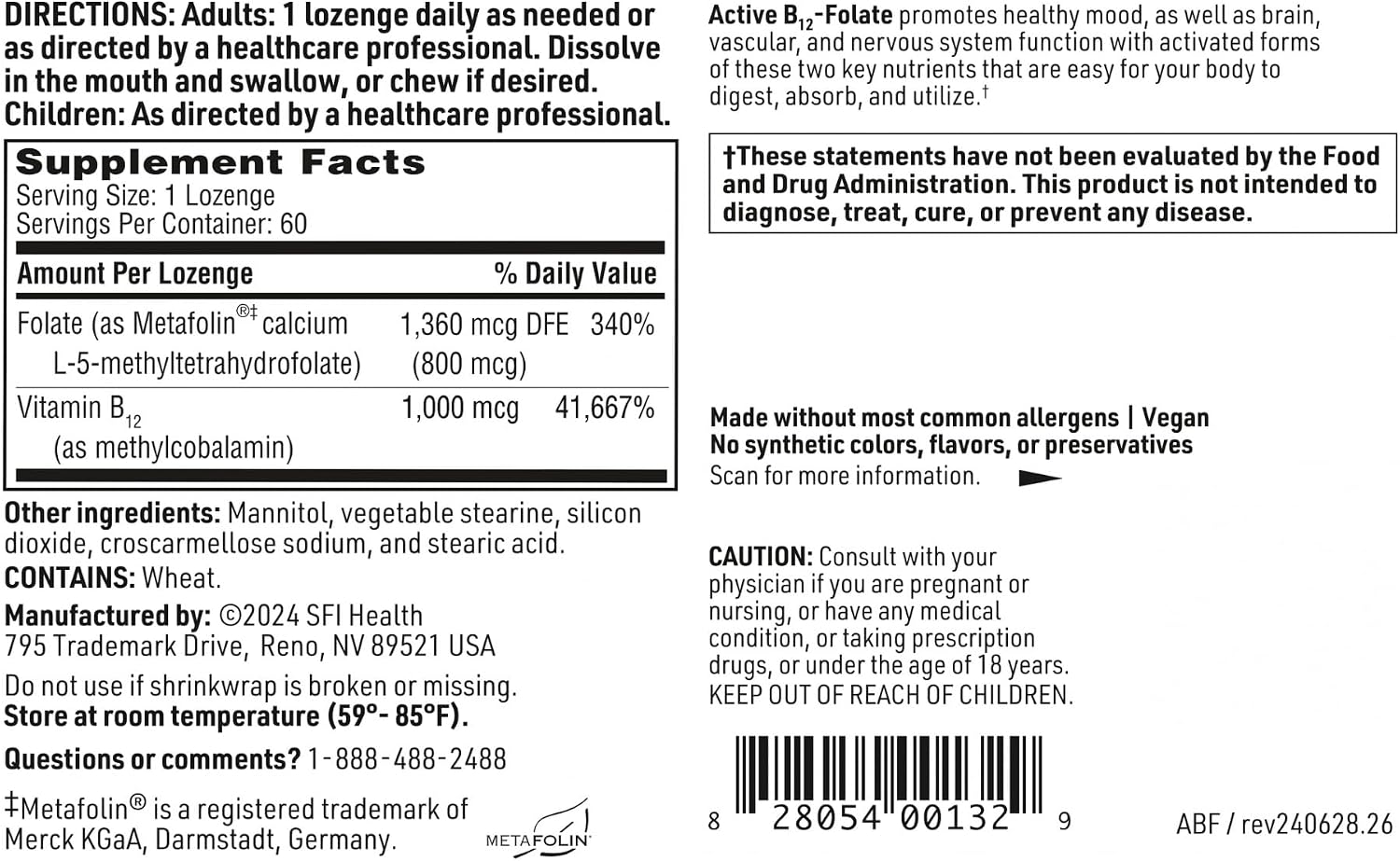 SFI Health Active B12 - Suplemento de folato con metilcobalamina y metilfolato - Comprimidos sublinguales, 60 unidades