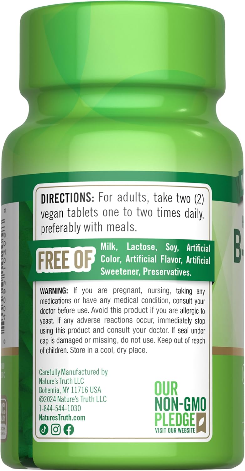 Nature's Truth Complejo B para Hombres y Mujeres con Vitaminas B1, B2 y B12, 90 Comprimidos, Alta Potencia, Vegano y No-GMO