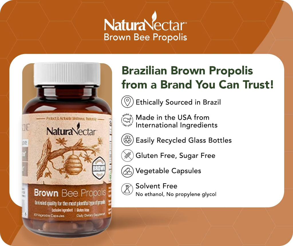 NaturaNectar - Brown Bee Propolis - 60 Capsules - NSF Certified - Gluten Free