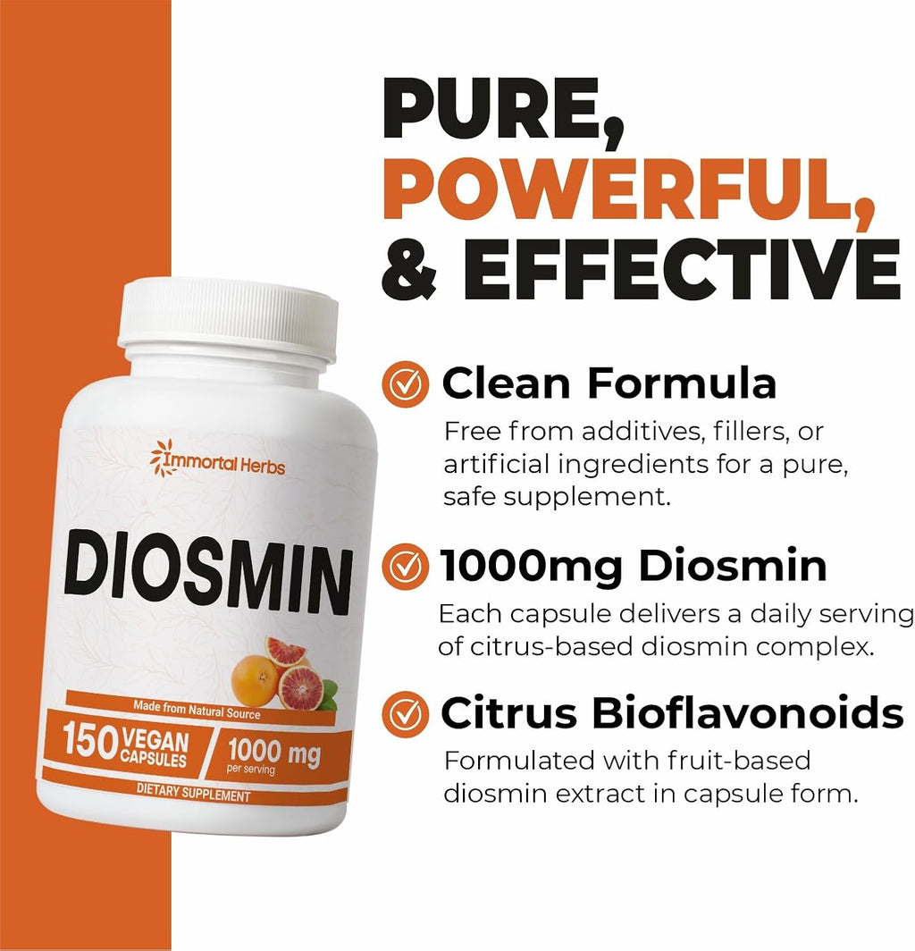 Pure Diosmin 1000mg Complex Formula, 150 Cápsulas – Suplemento de Diosmina con Bioflavonoides Cítricos