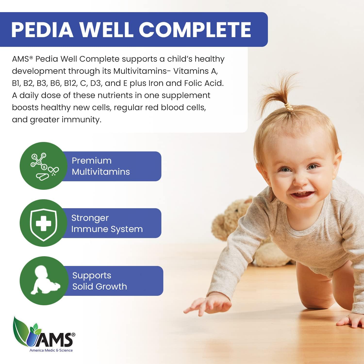 America Medic & Science PediaWell Complete Multivitamínico Líquido para Niños con Hierro y Vitaminas A y C - 50 ml