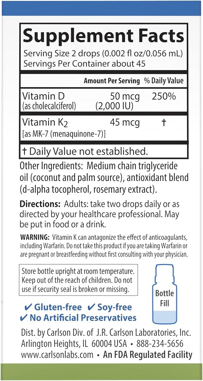 Carlson Super Daily D3 + K2, 90 gotas líquidas, 50 mcg D3 + 45 mcg MK-7