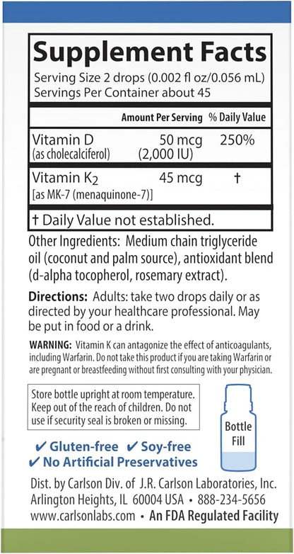 Carlson Super Daily D3 + K2, 90 gotas líquidas, 50 mcg D3 + 45 mcg MK-7 – Image 3