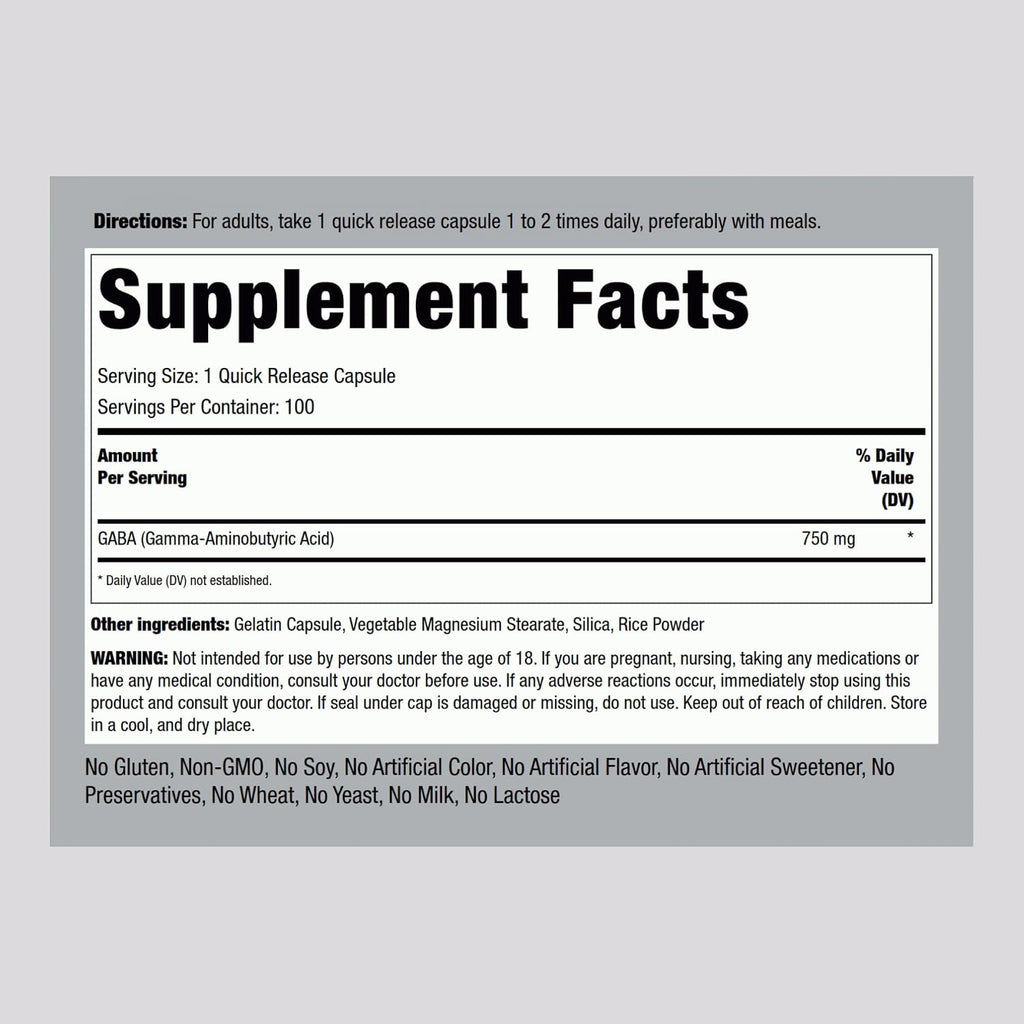Piping Rock GABA 750 mg - 100 Capsules - Gamma-Aminobutyric Acid